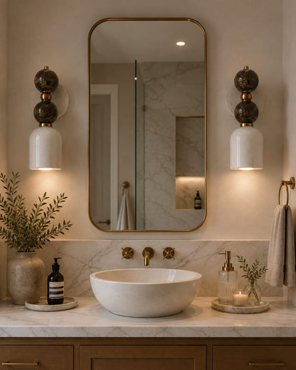 Double Marble Wall Sconce with Alabaster Shade – Handmade Brass Wall Light | Les Trois Pyramides