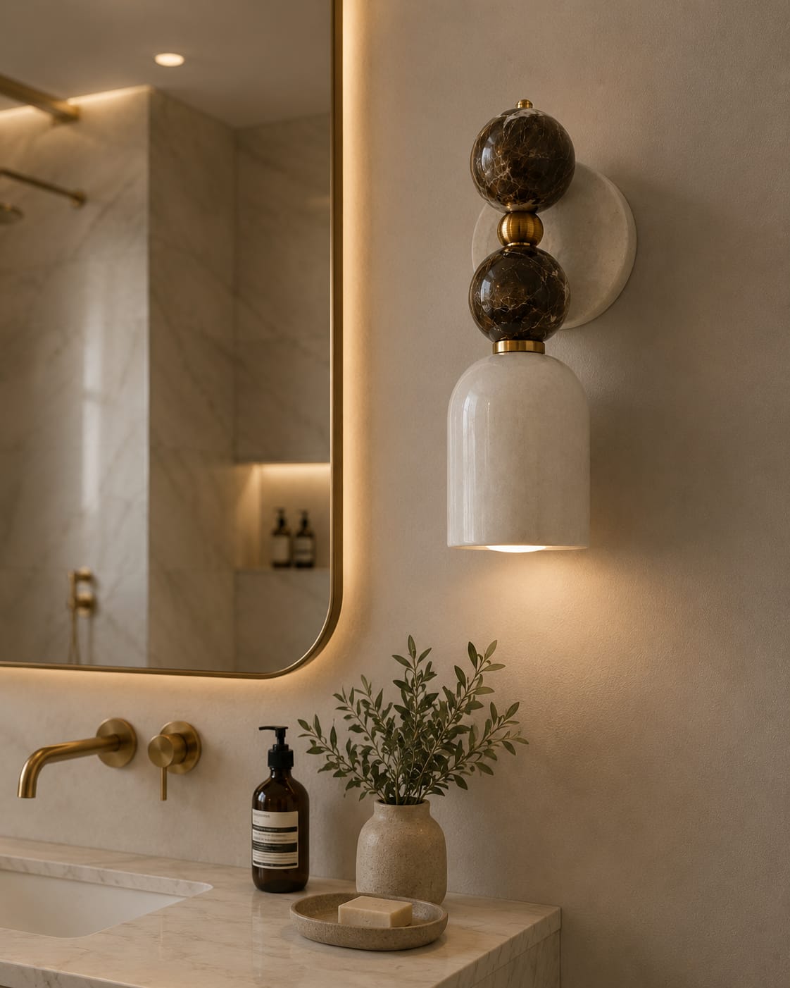 Double Marble Wall Sconce with Alabaster Shade – Handmade Brass Wall Light | Les Trois Pyramides