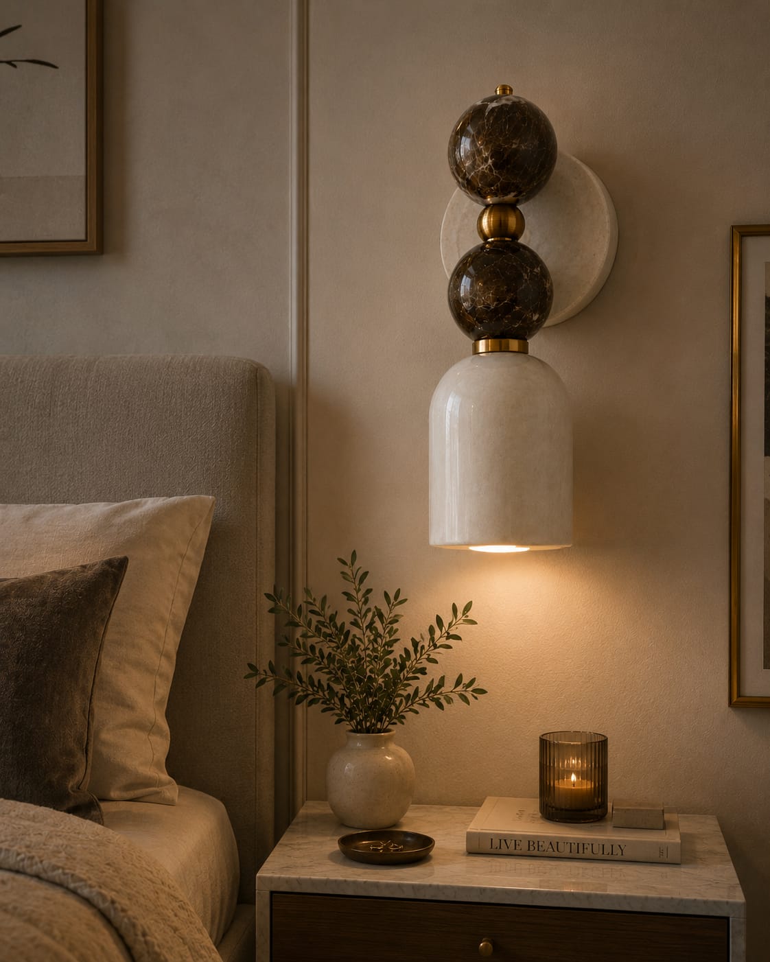 Double Marble Wall Sconce with Alabaster Shade – Handmade Brass Wall Light | Les Trois Pyramides