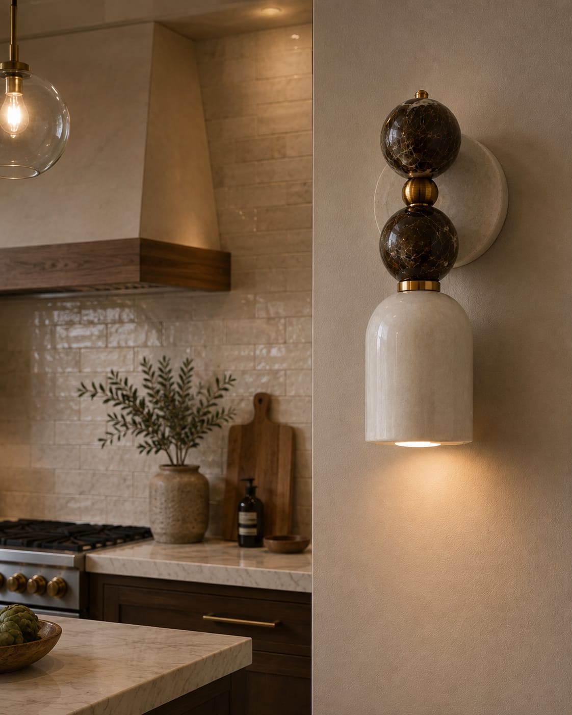 Double Marble Wall Sconce with Alabaster Shade – Handmade Brass Wall Light | Les Trois Pyramides