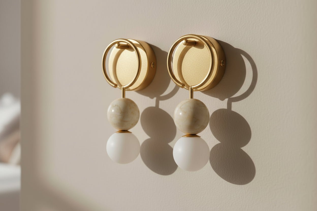 Pair of ring marble wall sconces with brass structure and frosted glass globes