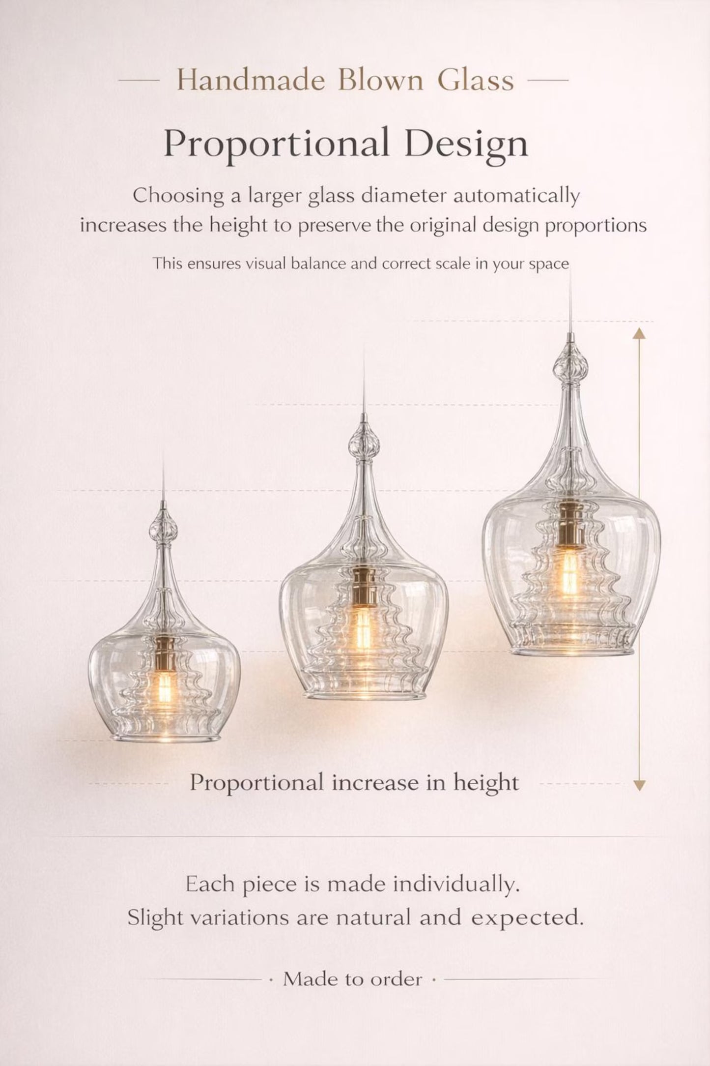 Three glass pendant lights with proportional design text 