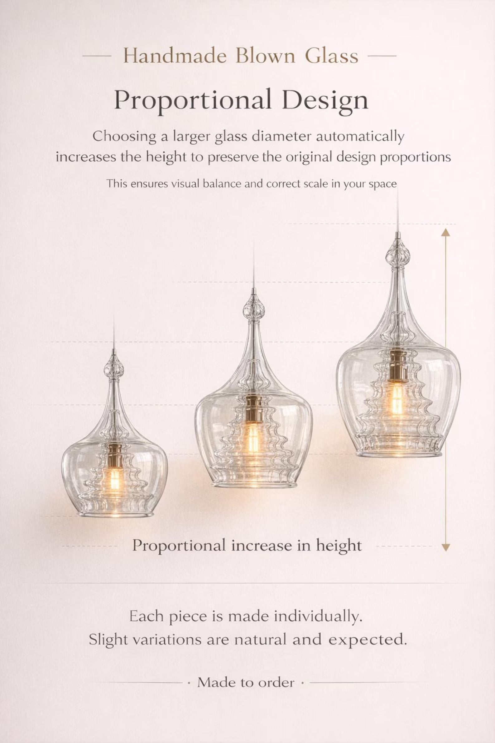 Three glass pendant lights with proportional design text 