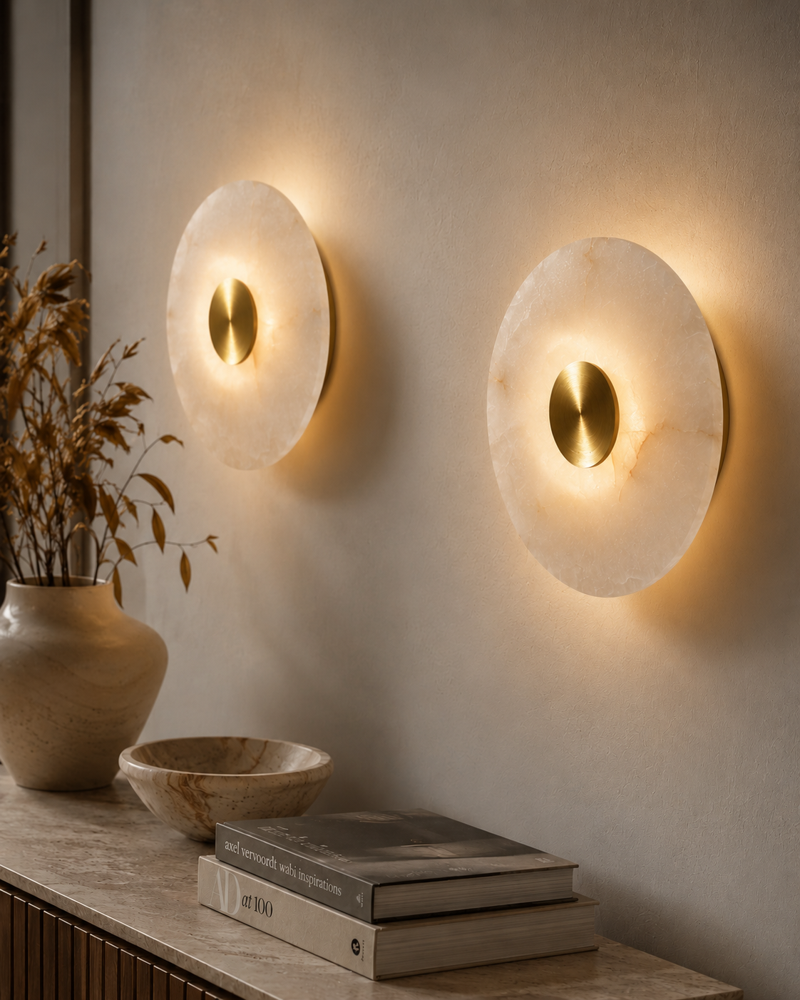 Round Alabaster Wall Sconce | Handmade Brass Disc Wall Light | Les Trois Pyramides