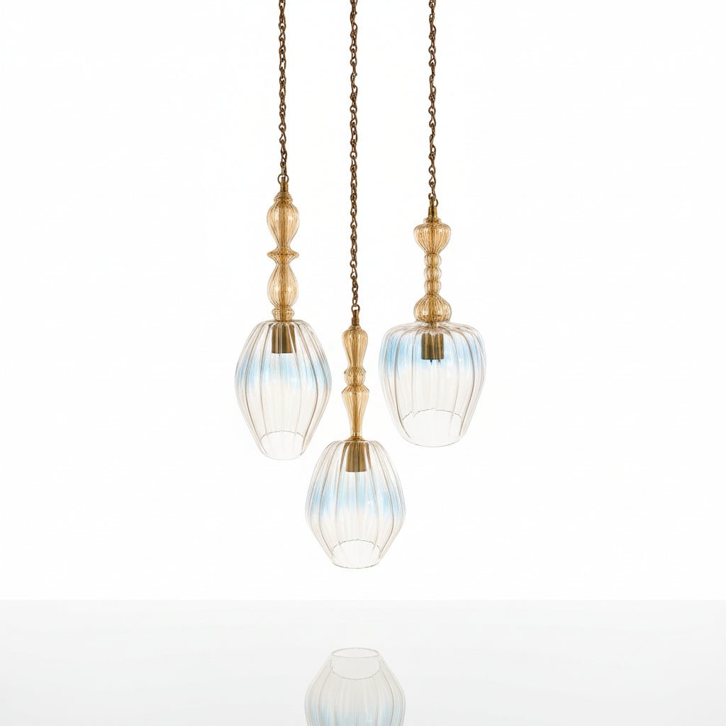 Elegant Chain Soft Gold Ribbed Glass Pendant Light Set – Hand-Blown Crystal Glass