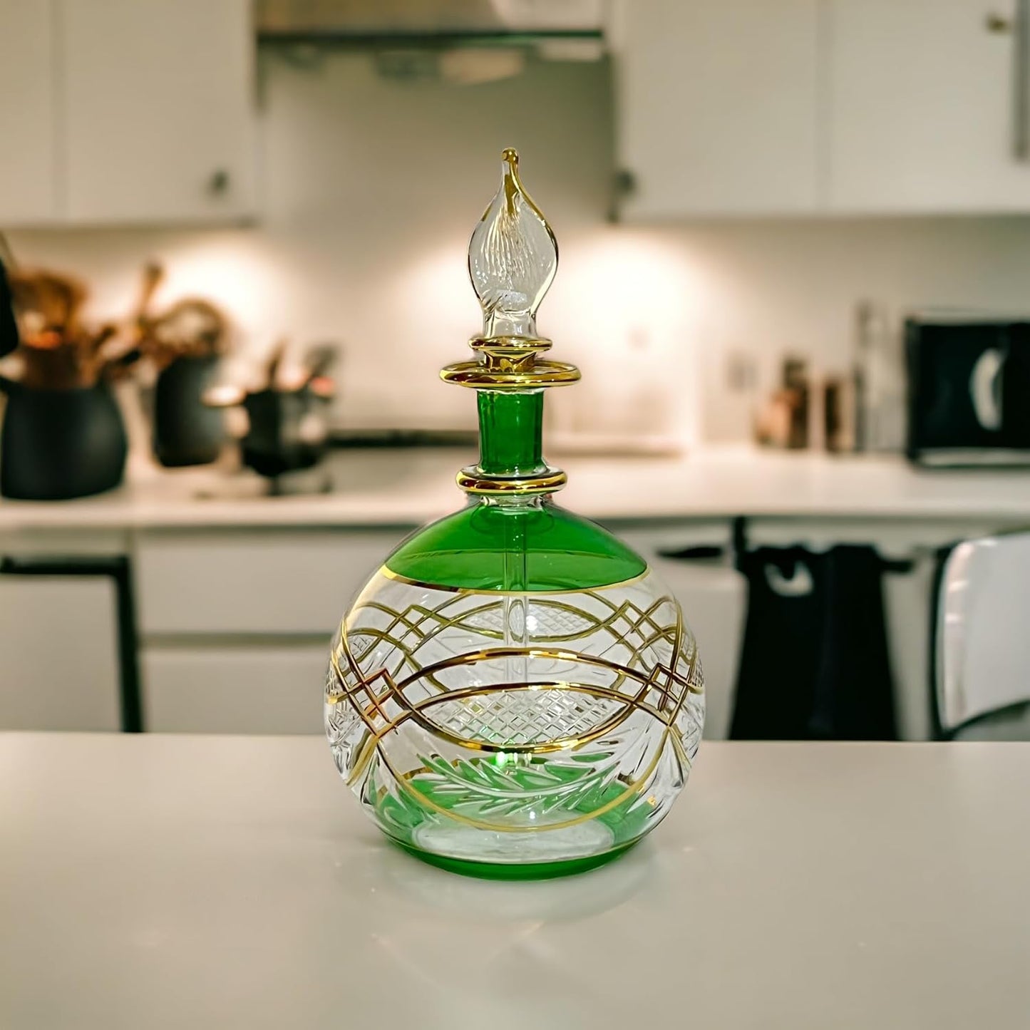 Green Engraved Perfume Bottle with 14K Gold | Les Trois Pyramides