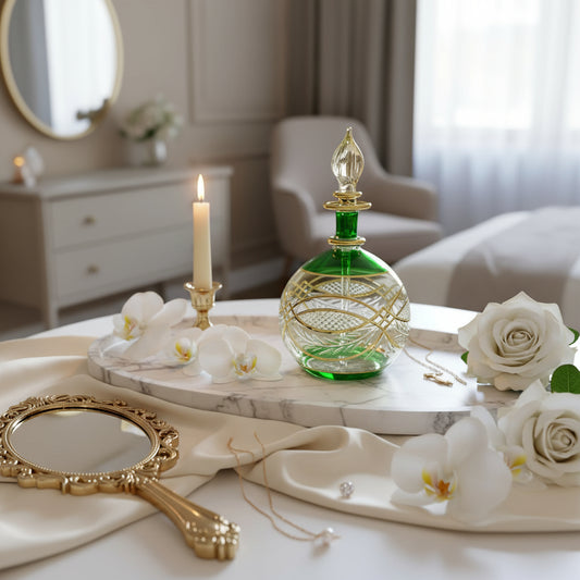 Green Engraved Perfume Bottle with 14K Gold | Les Trois Pyramides