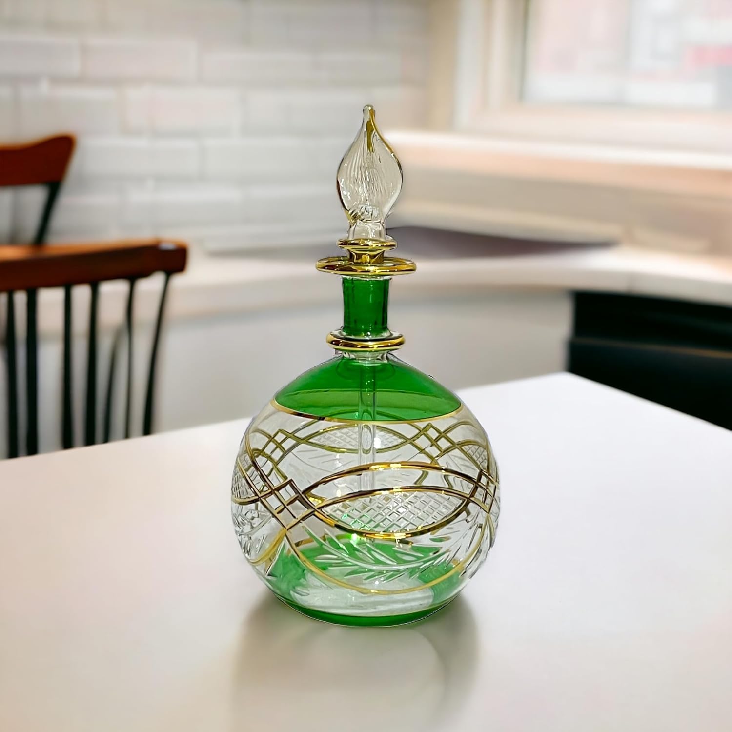 Green Engraved Perfume Bottle with 14K Gold | Les Trois Pyramides