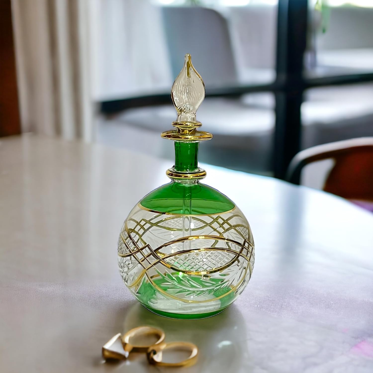 Green Engraved Perfume Bottle with 14K Gold | Les Trois Pyramides