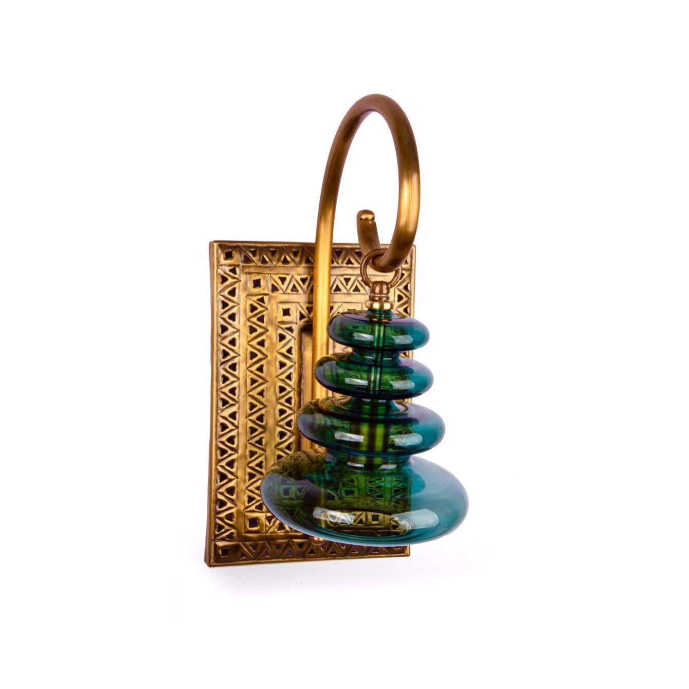 Emerald Green Blown Glass Wall Sconce – Handmade Brass Wall Light with Carved Frame
