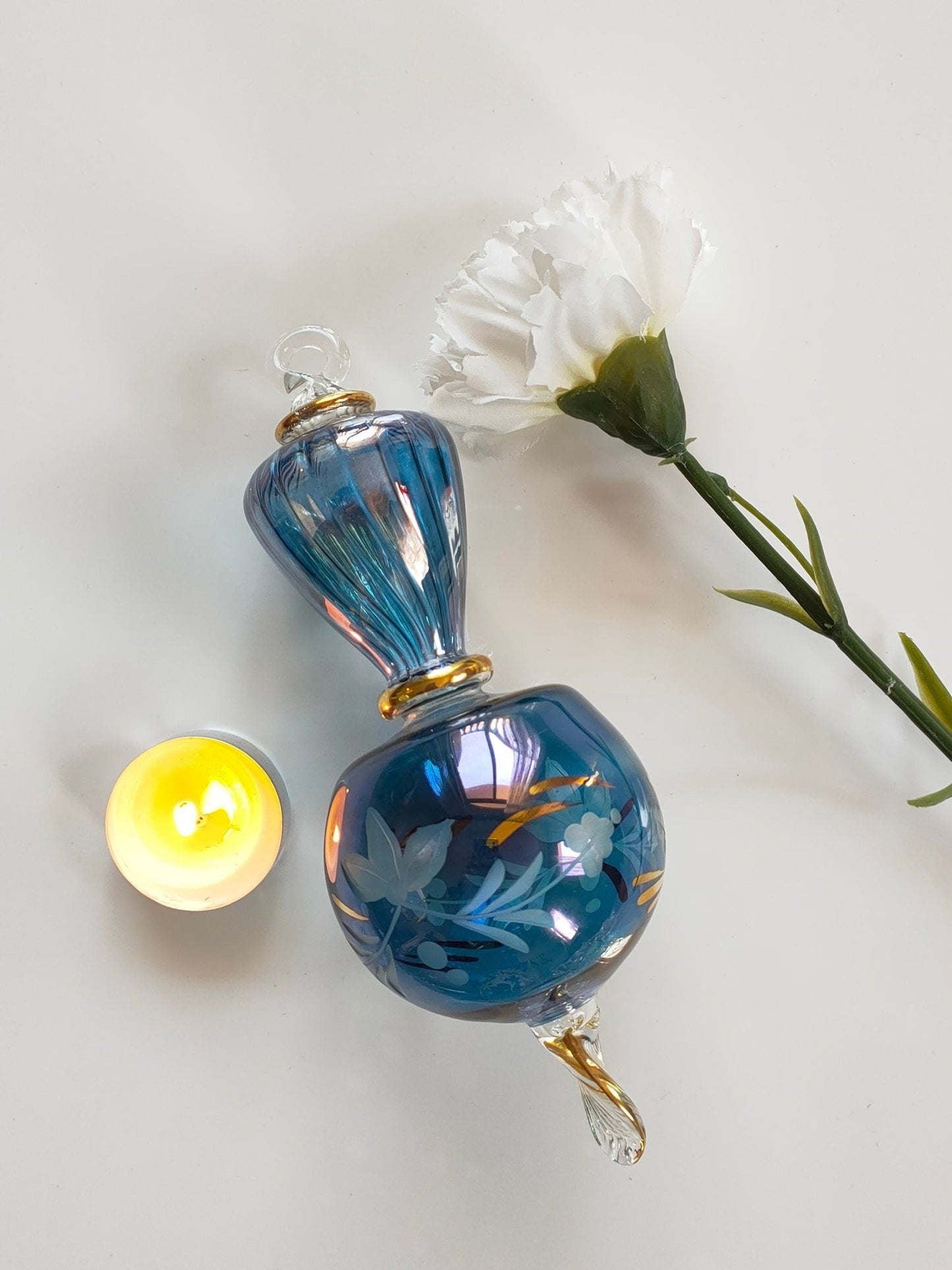 Engraved Blue Glass Tree Topper Ornament 14 K Gold - Les Trois Pyramides