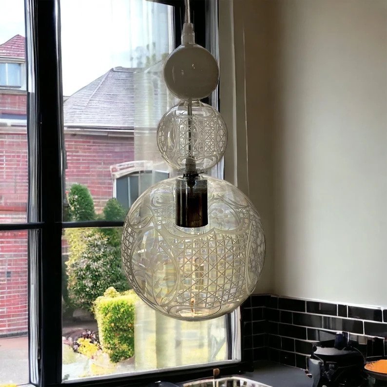 Engraved Hand Blown Glass Pendant Light - Les Trois Pyramide