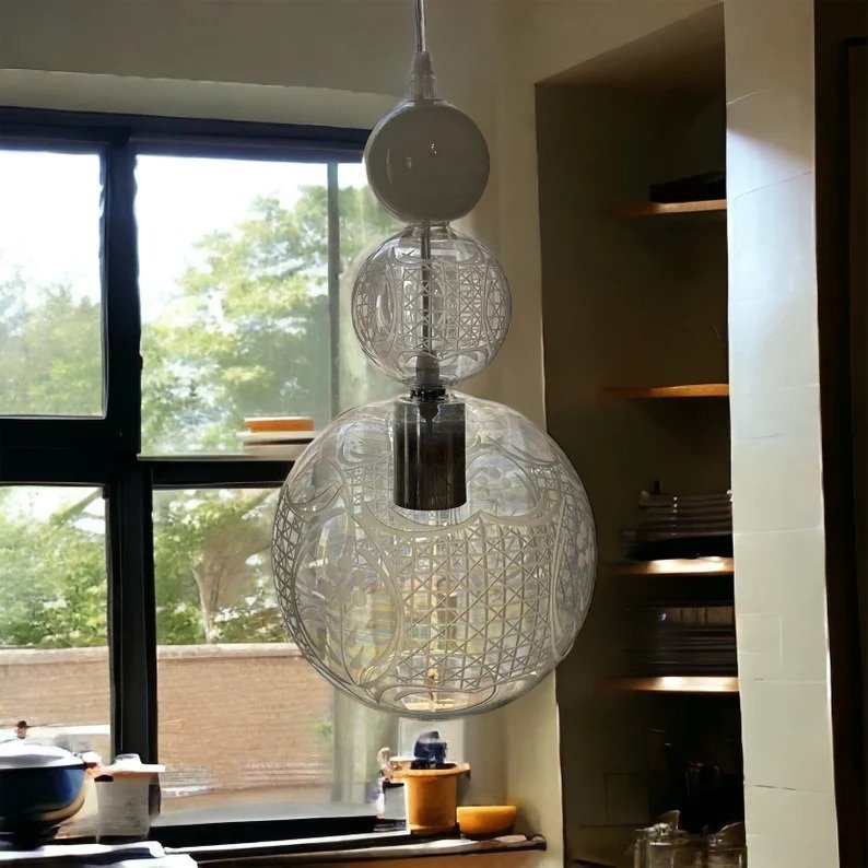 Engraved Hand Blown Glass Pendant Light - Les Trois Pyramide