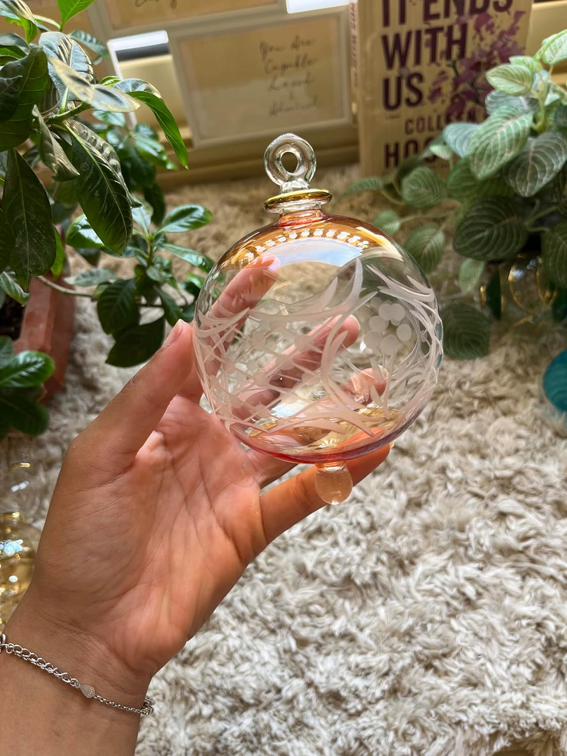 Engraved Orange and Clear Glass Christmas Ornament - Les Trois Pyramide