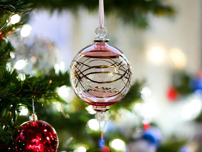 Engraved Pink and Clear Glass Christmas Ornament for Christmas Tree Decorations - Les Trois PyramideEngraved Pink and Clear Glass Christmas Ornament for Christmas Tree Decorations - Les Trois Pyramides