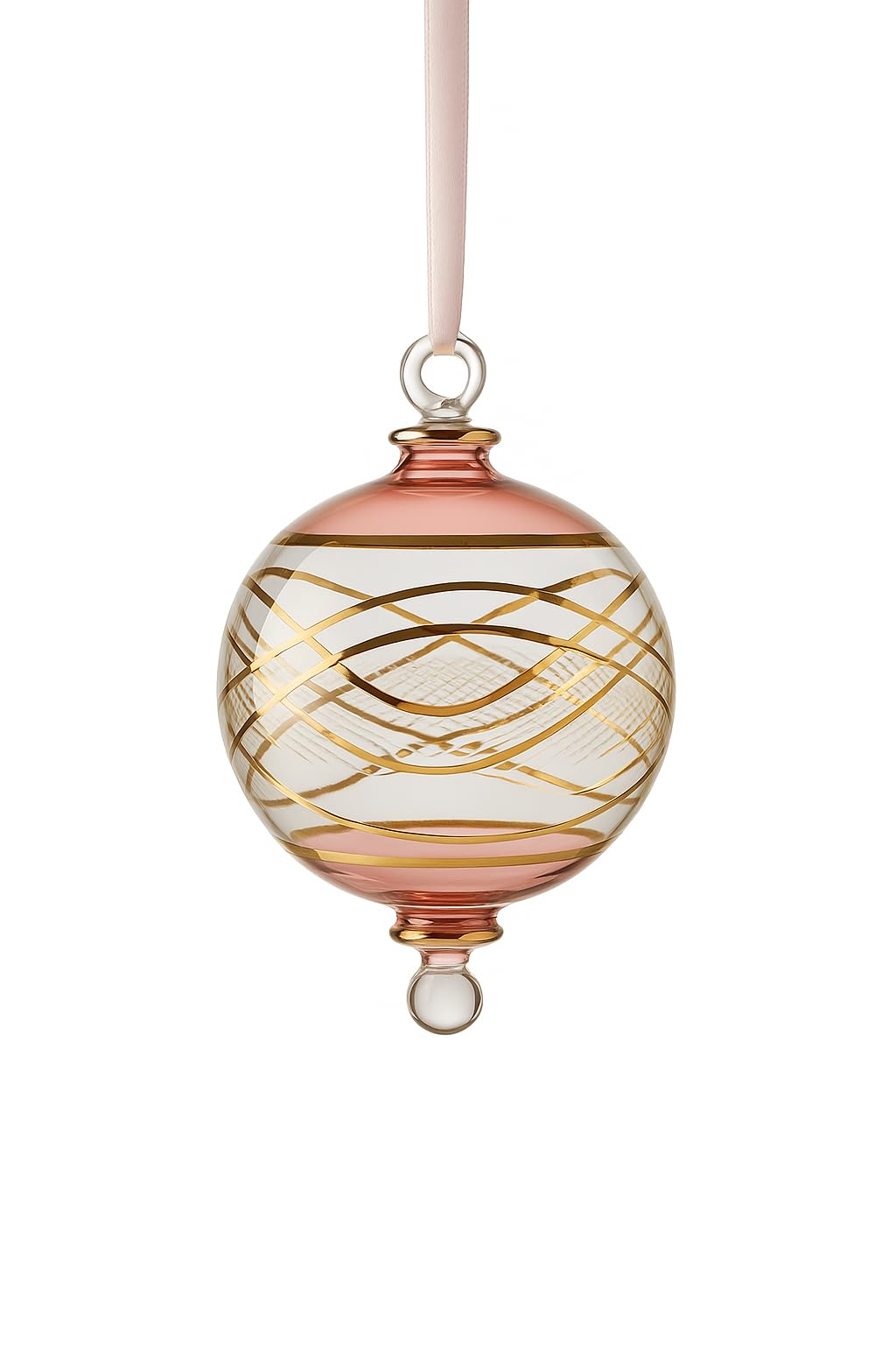 Decorative glass ornament with gold swirls on a white background