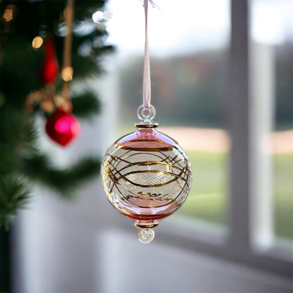 Engraved Pink and Clear Glass Christmas Ornament for Christmas Tree Decorations - Les Trois PyramideEngraved Pink and Clear Glass Christmas Ornament for Christmas Tree Decorations - Les Trois Pyramides