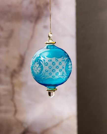 Engraved Sky-Blue Christmas Ball Tree Topper Glass Ornament - Les Trois Pyramide