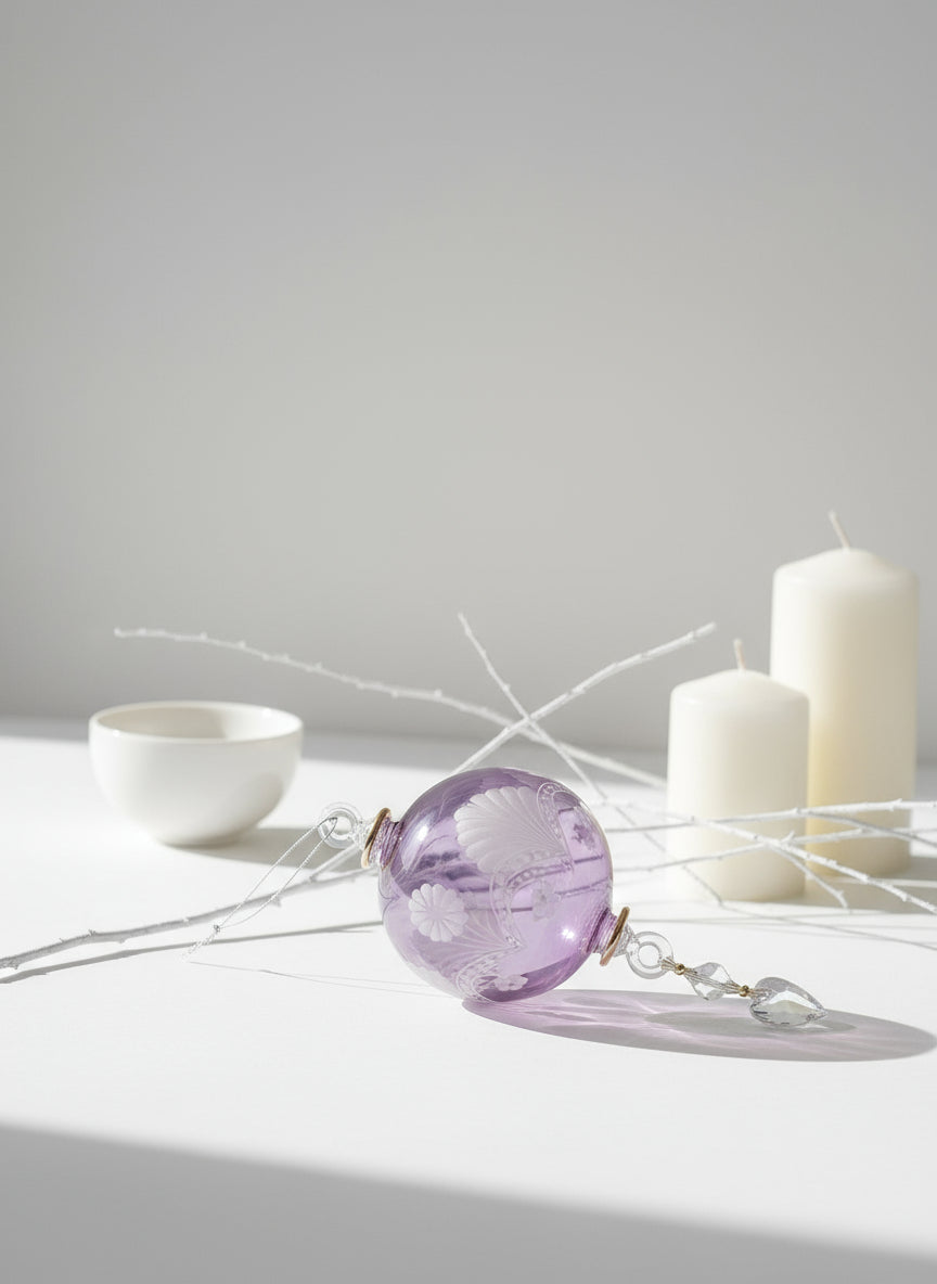 Decorative purple ornament with floral patterns hanging on a Christmas tree.