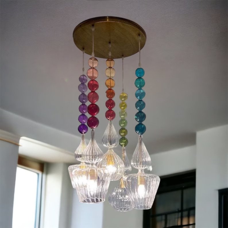 Set of 4 Hand Blown Glass Pendant + Custom Colorful Glass Balls - Les Trois Pyramides 