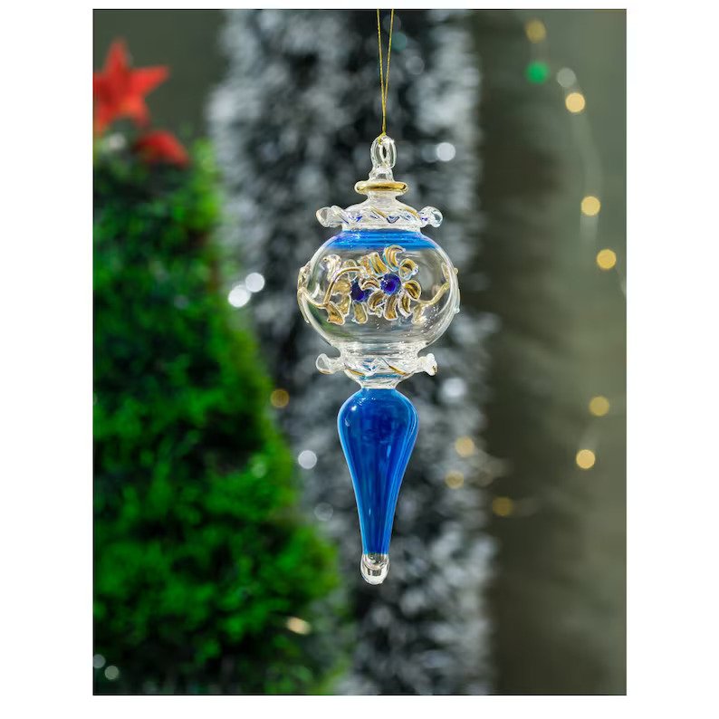 Pharaonic Vintage style Blue Glass ornament for Christmas tree decorations engraved with 14K Gold flowers | antique christmas ornaments