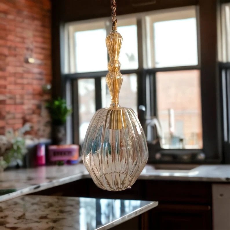 Set of Three Soft Gold and Crystal Hand Blown Glass Pendant Lights - Les Trois Pyramides