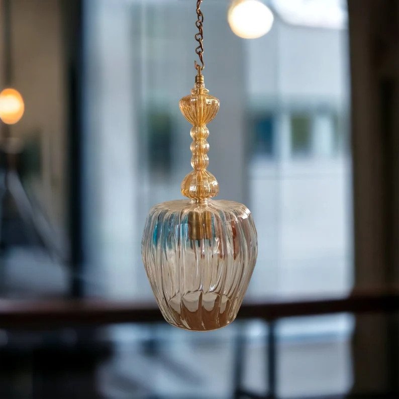 Set of Three Soft Gold and Crystal Hand Blown Glass Pendant Lights - Les Trois Pyramides