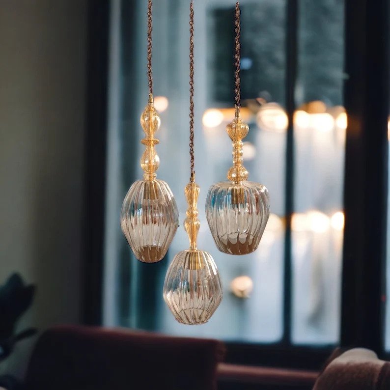 Set of Three soft gold and crystal Hand blown glass pendant lights