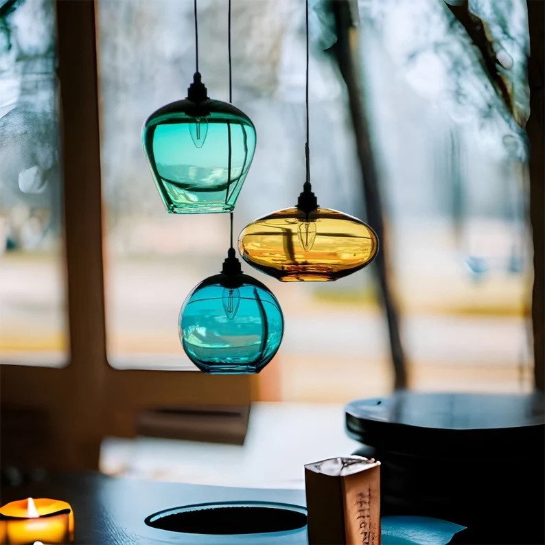 Set of three blown glass light pendants for living room decor