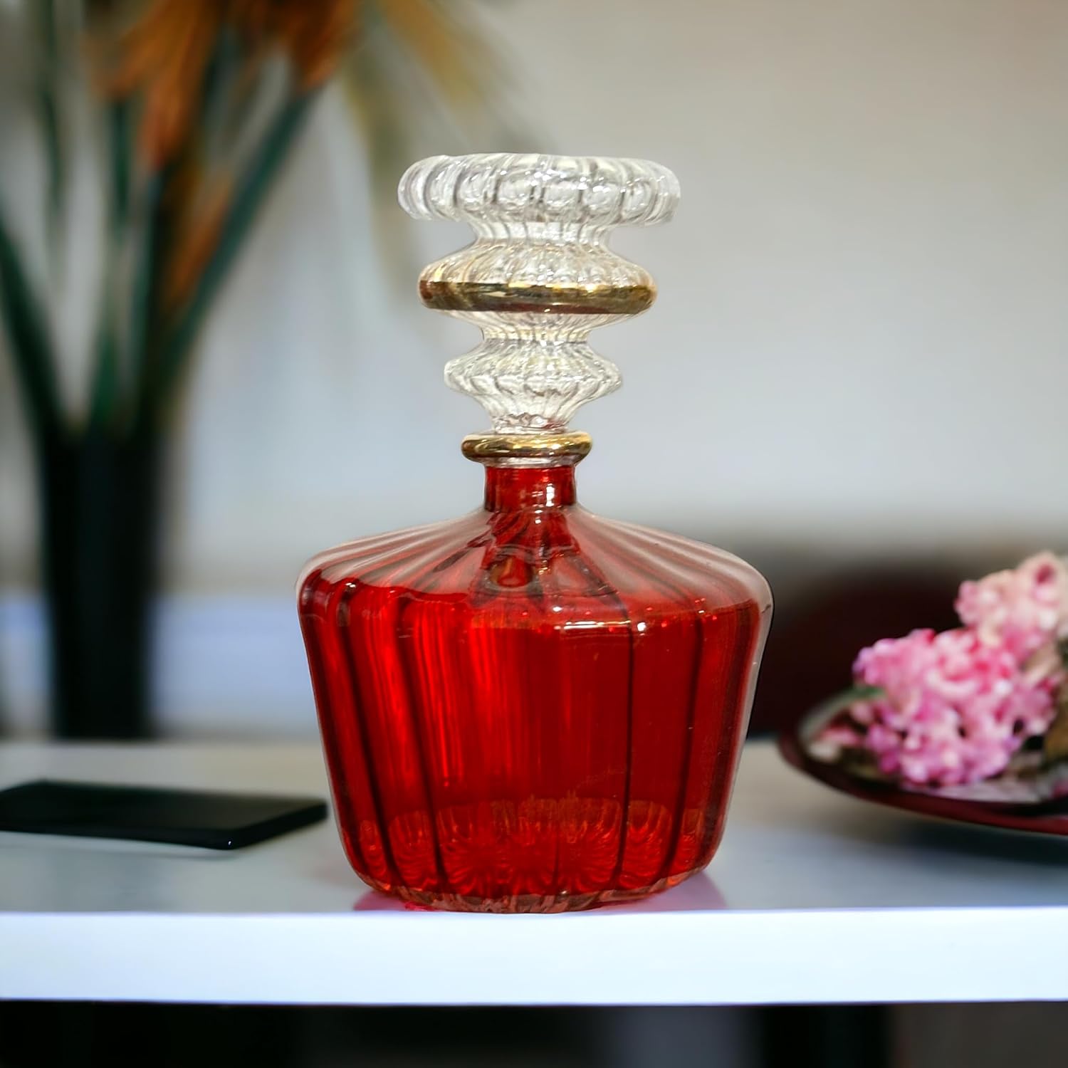 Red Ribbed Blown Glass perfume Bottle with 14K Gold | Les Trois Pyramides