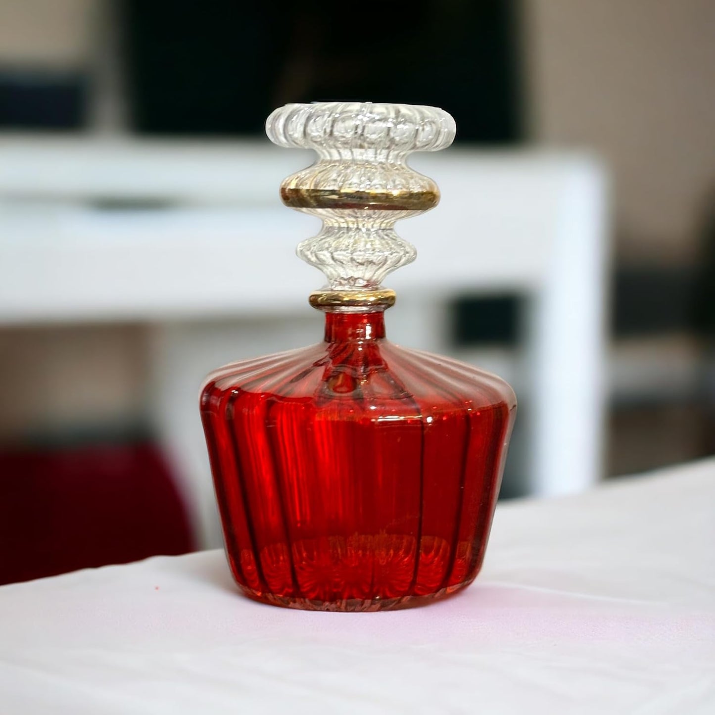 Red Ribbed Blown Glass perfume Bottle with 14K Gold | Les Trois Pyramides