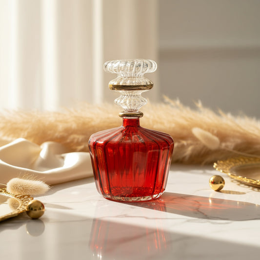 Red Ribbed Blown Glass perfume Bottle with 14K Gold | Les Trois Pyramides