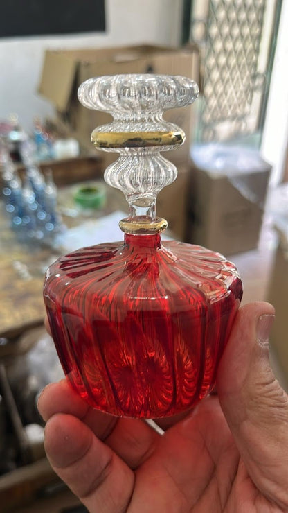 Red Ribbed Blown Glass perfume Bottle with 14K Gold | Les Trois Pyramides