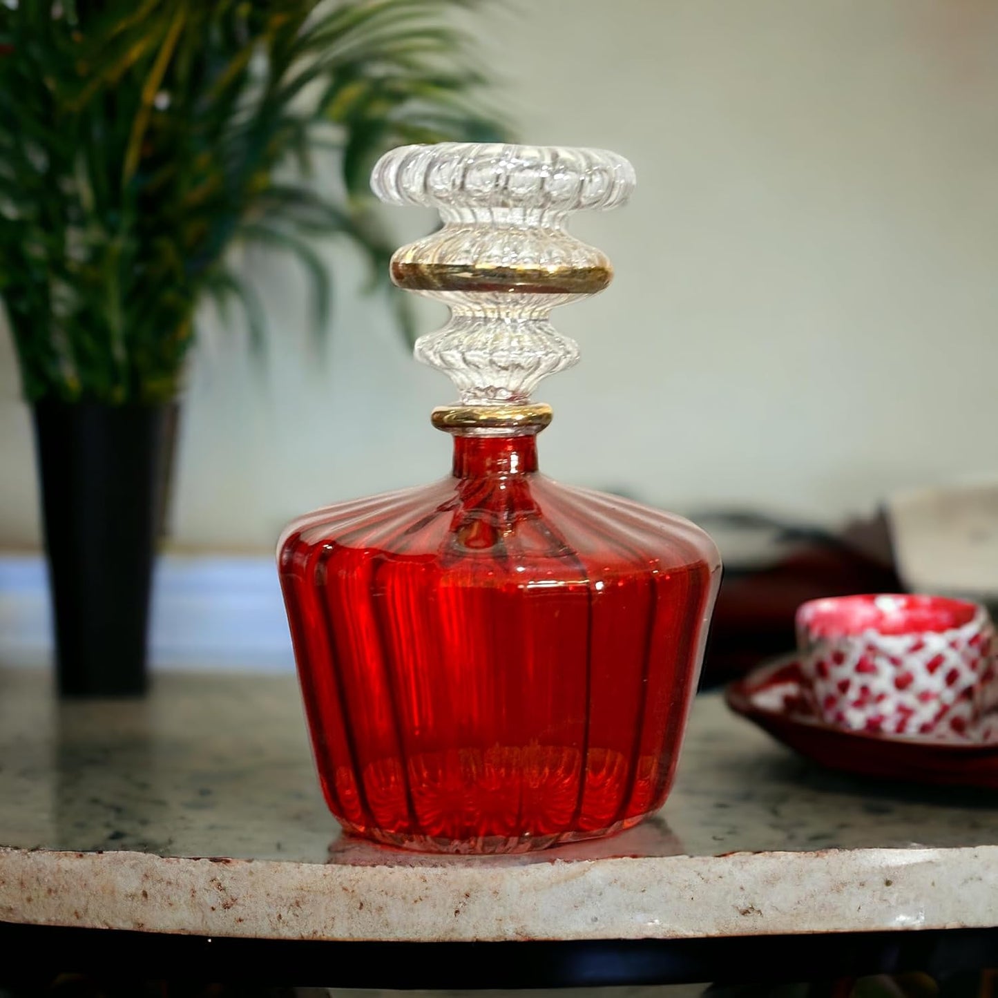 Red Ribbed Blown Glass perfume Bottle with 14K Gold | Les Trois Pyramides