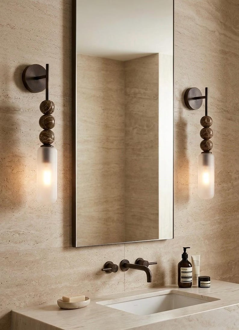Frosted Glass Wall Sconce, Bathroom Vanity Wall Light, Brass Wall Lamp, Modern Bathroom Lighting, Bedside Wall Light Fixture | Les Trois pyramides
