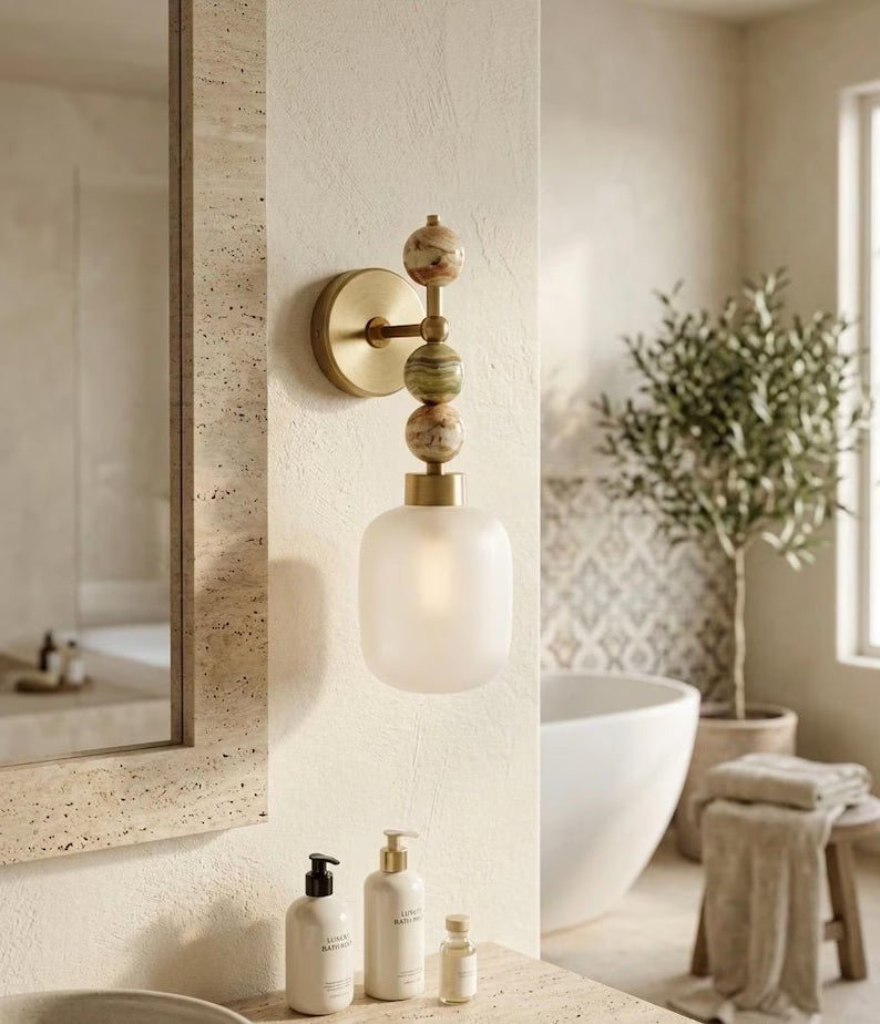 Frosted Glass wall sconce with Natural onyx stones - Brass Finish Light Fixture - Artisan Wall Lighting  Les Trois Pyramides
