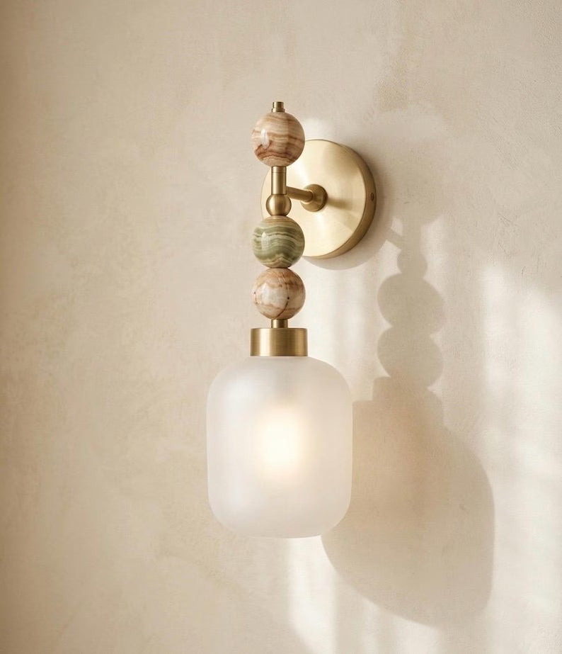 Frosted Glass wall sconce with Natural onyx stones - Brass Finish Light Fixture - Artisan Wall Lighting  Les Trois Pyramides