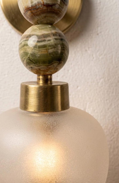 Frosted Glass wall sconce with Natural onyx stones - Brass Finish Light Fixture - Artisan Wall Lighting  Les Trois Pyramides