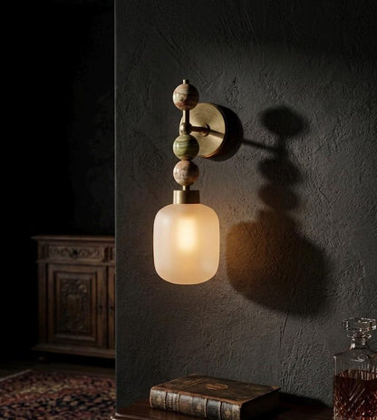 Frosted Glass wall sconce with Natural onyx stones - Brass Finish Light Fixture - Artisan Wall Lighting  Les Trois Pyramides