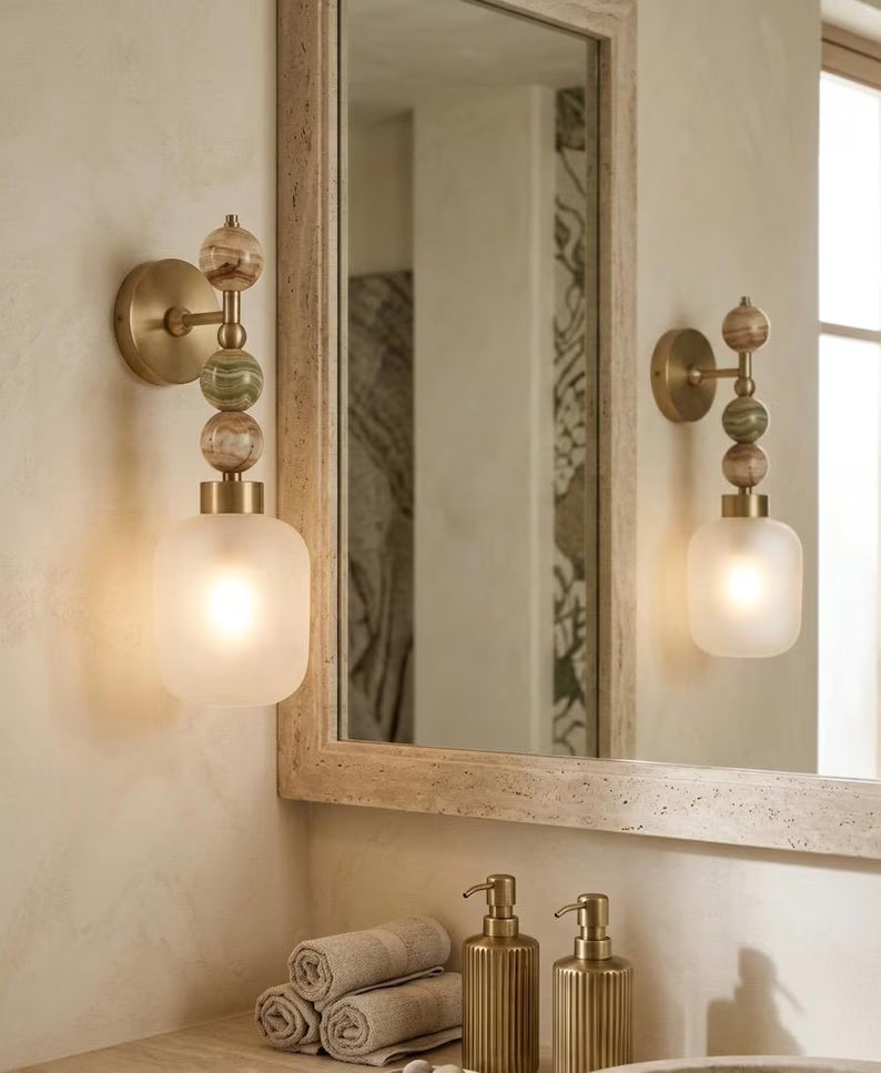 Frosted Glass wall sconce with Natural onyx stones - Brass Finish Light Fixture - Artisan Wall Lighting  Les Trois Pyramides