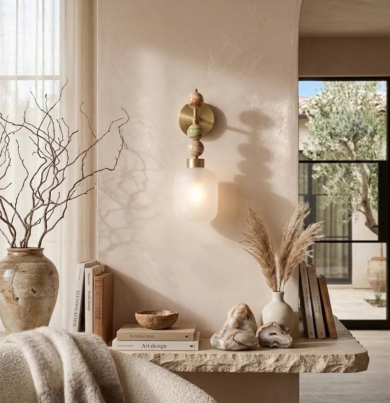 Frosted Glass wall sconce with Natural onyx stones - Brass Finish Light Fixture - Artisan Wall Lighting  Les Trois Pyramides