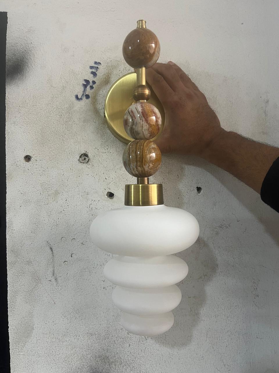 Frosted Blown Glass layers & Natural Onyx  stones wall lamp | Les Trois Pyramides