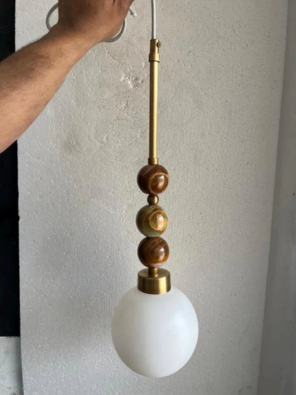 Frosted Blown Glass & Natural Marble Stones Pendant Light | Les Trois Pyramides
