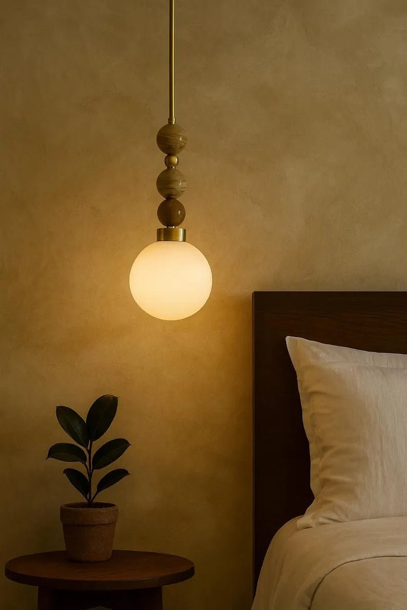 Frosted Blown Glass & Natural Marble Stones Pendant Light | Les Trois Pyramides