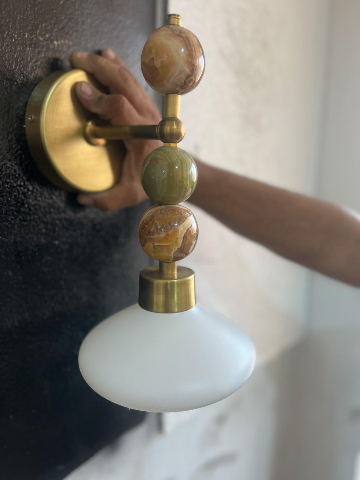 Frosted Blown Glass & Natural onyx stones sconces | Les Trois Pyramides