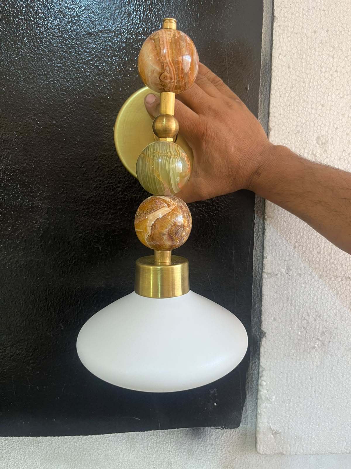 Frosted Blown Glass & Natural onyx stones sconces | Les Trois Pyramides