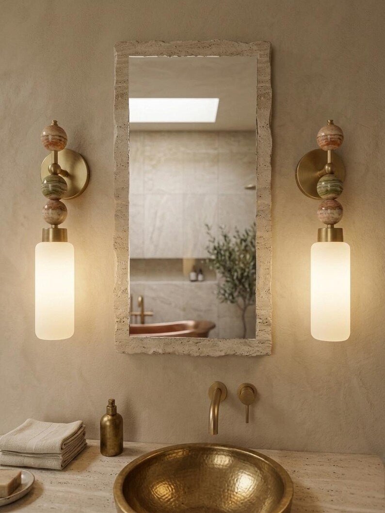 Frosted Glass Cylinder wall sconce with Natural onyx stones - Brass Finish Light Fixture - Artisan Wall Lighting | Les Trois Pyramides