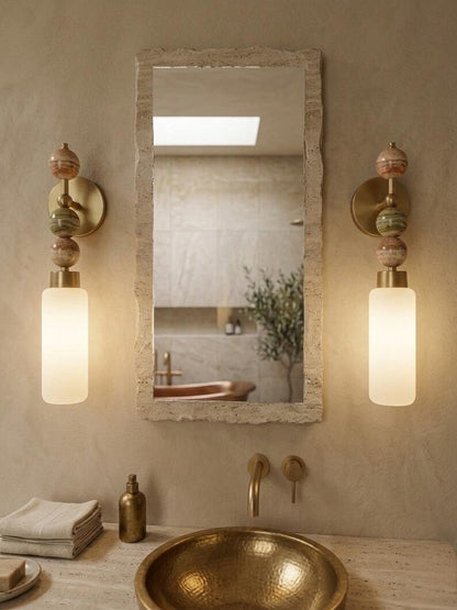 Frosted Glass Cylinder wall sconce with Natural onyx stones - Brass Finish Light Fixture - Artisan Wall Lighting | Les Trois Pyramides