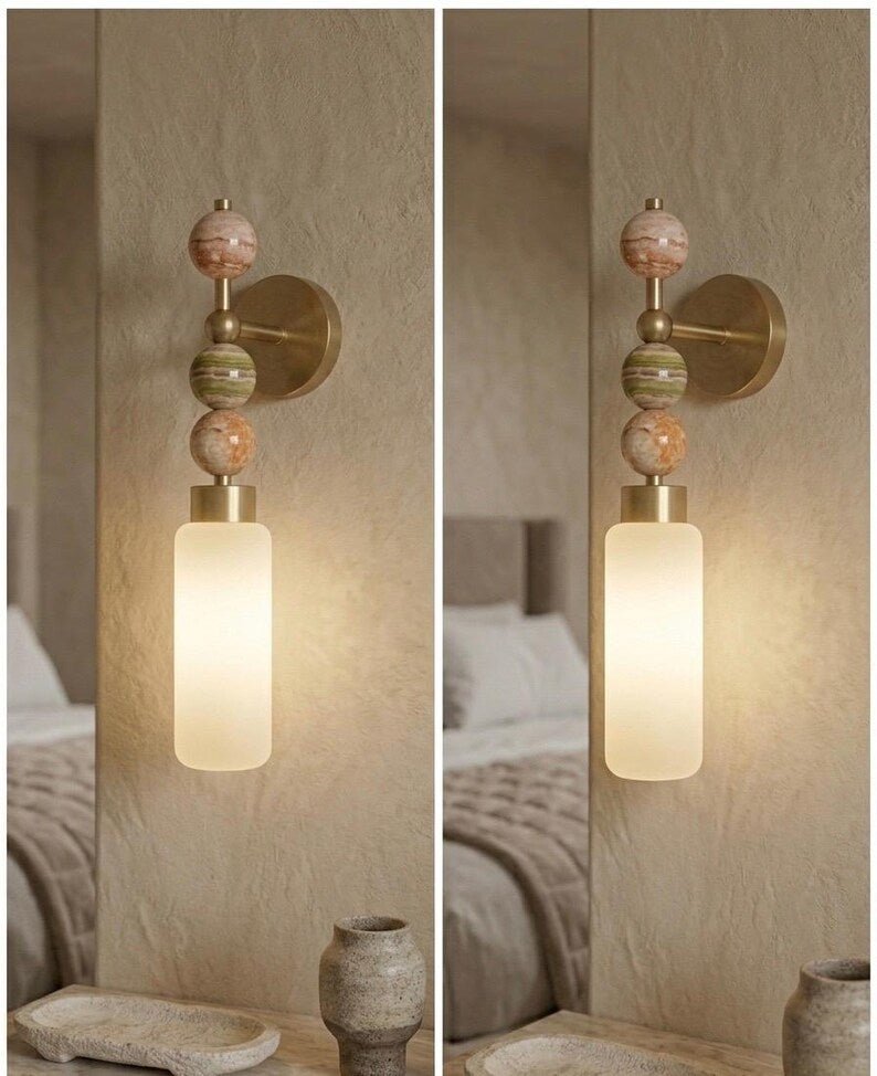 Frosted Glass Cylinder wall sconce with Natural onyx stones - Brass Finish Light Fixture - Artisan Wall Lighting | Les Trois Pyramides