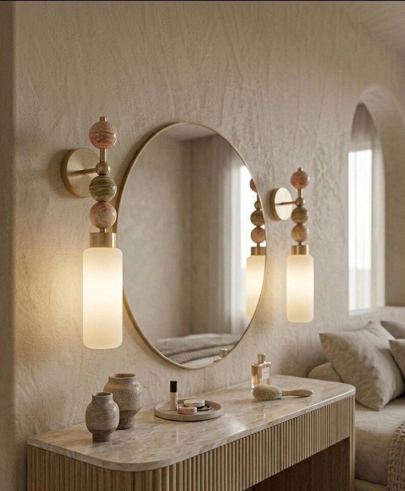 Frosted Glass Cylinder wall sconce with Natural onyx stones - Brass Finish Light Fixture - Artisan Wall Lighting | Les Trois Pyramides
